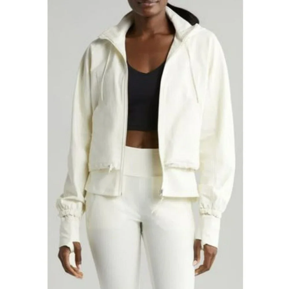 New Zella Onward Hybrid Double Layer Thumbhole Hoodie Jacket Ivory Sz XS